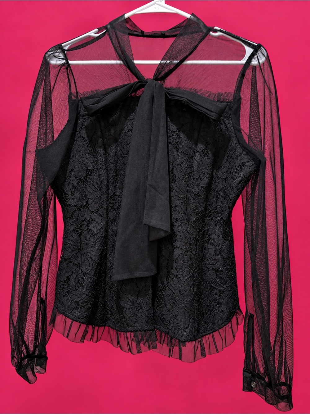 Sheer Lace Tie-Neck Blouse in Black